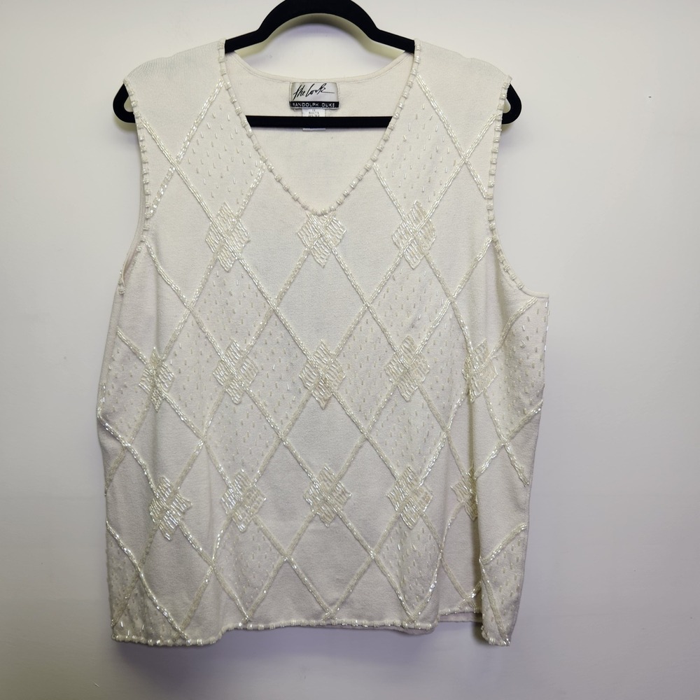 Vtg Randolph Duke Silk Knit Sleeveless Sweater Vest Embellished 1X Off White